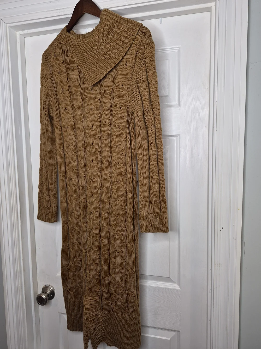 POL Cable-Knit Midi Sweater Dress in Camel Brown Cowl Neck Small